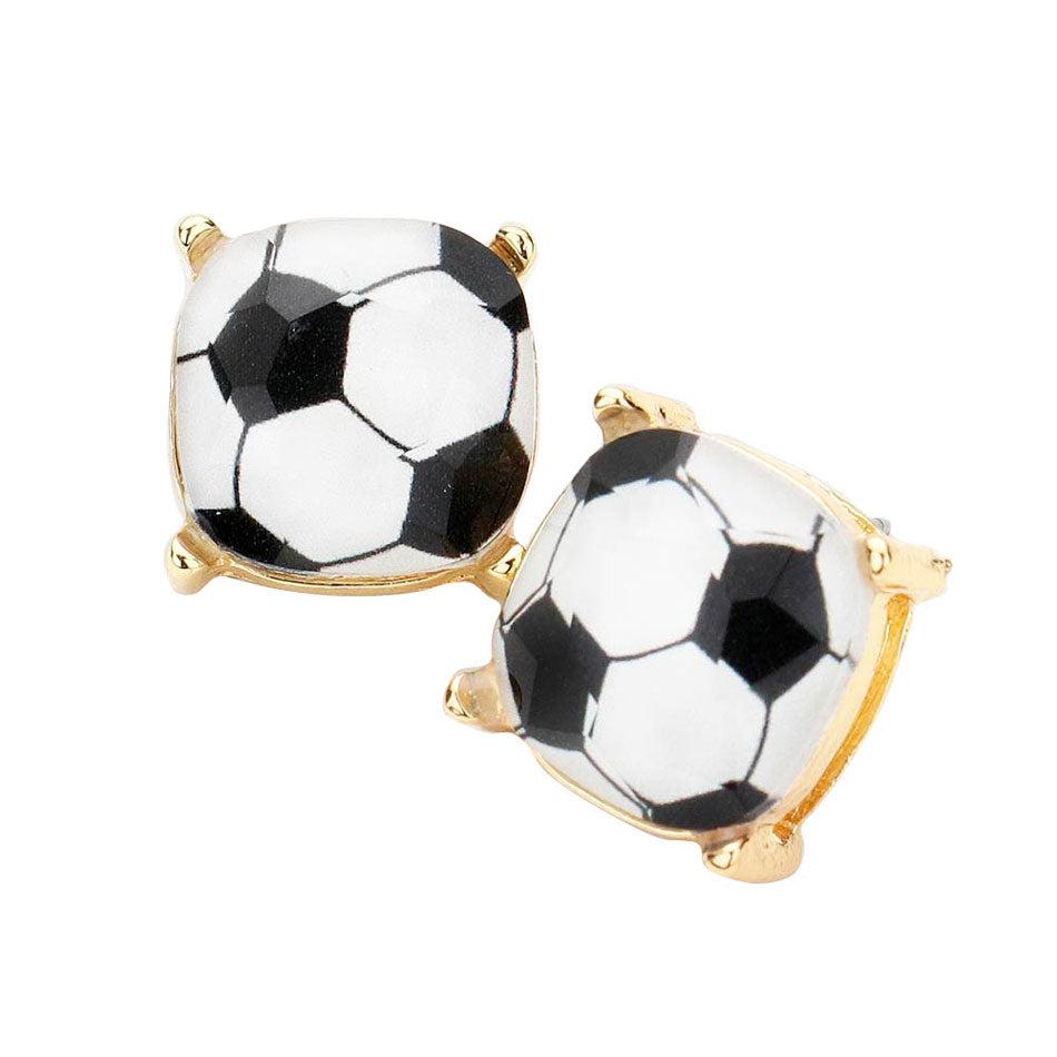 White Soccer Ball Printed Square Stud Earrings. Gift someone or yourself these ultra-chic earrings, they will take your look up a notch, these sports themed earrings versatile enough for wearing straight through the week, coordinate with any ensemble from business casual to wear, the perfect addition to every outfit. Perfect jewelry gift to expand a woman's fashion wardrobe with a modern, on trend style.