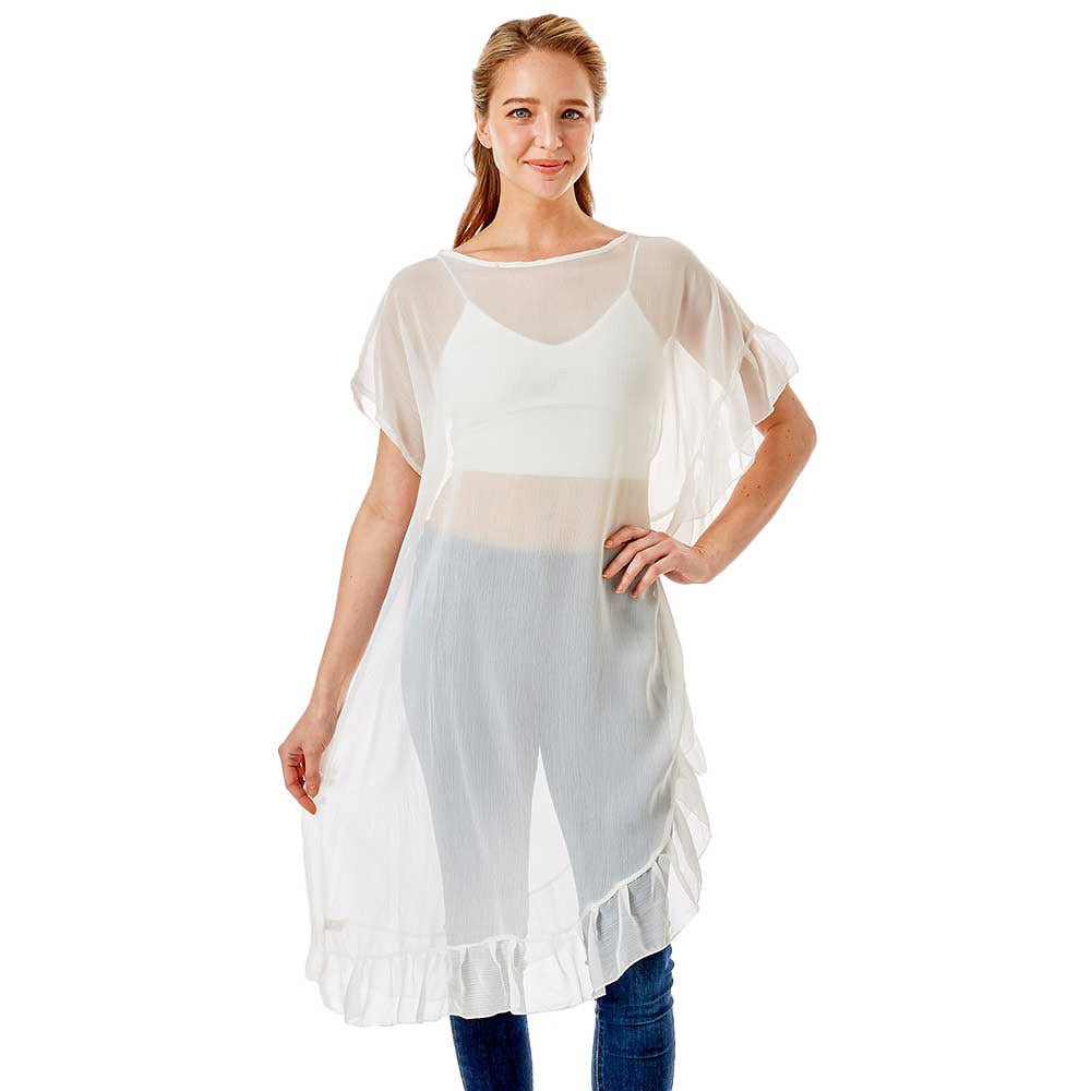 White Solid Color Half Ruffled Cover-Up Poncho, This lightweight ponchos for women have plenty of stretch with lovely draping. The added ruffle edge gives better coverage with a feminine look. Feel sexy and comfortable no matter where you are. This unique poncho top can be worn in a variety of ways. A warp poncho that will complement every outfit you own. Suitable for Summer wrap, travel vacation, Beach, Party, Club, Night, Evening, Date, Casual and Other Occasions in Spring, Summer and Autumn.