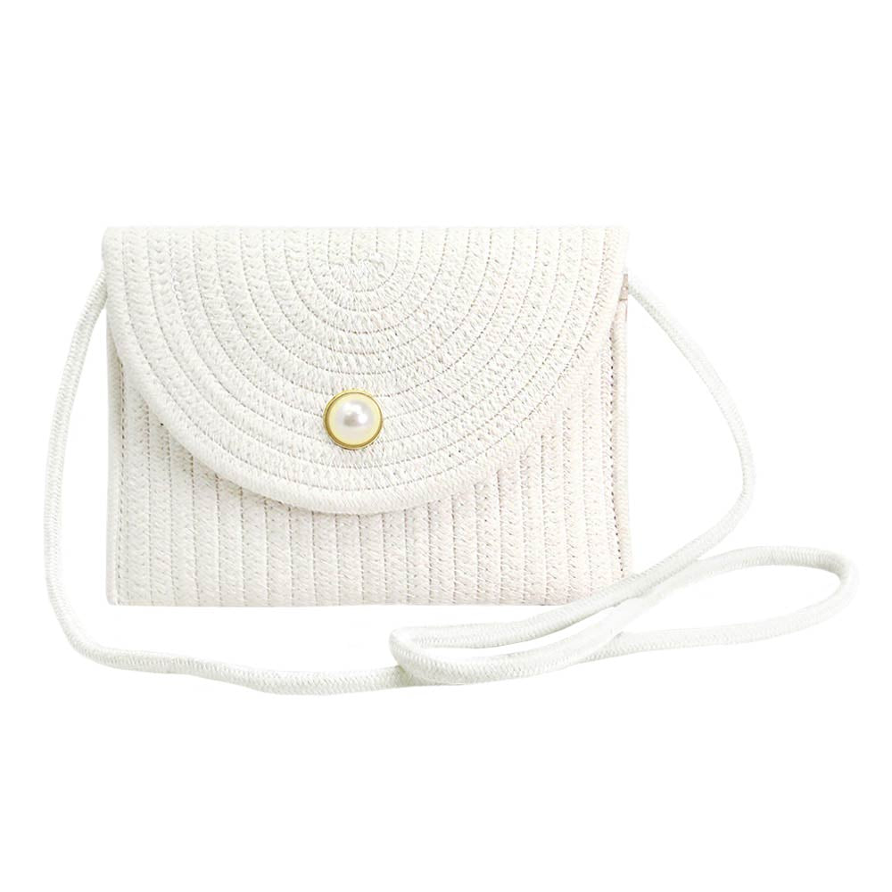 White Solid Color With Pearl Button Straw Micro Crossbody Bag, perfectly goes with any outfit and shows your trendy choice to make you stand out on your special occasion. Carry out this straw micro crossbody bag while attending a special occasion. Perfect for carrying makeup, money, credit cards, keys or coins, etc. It's lightweight and perfect for easy carrying. Put it in your bag and find it quickly with its eye-catchy colors. 