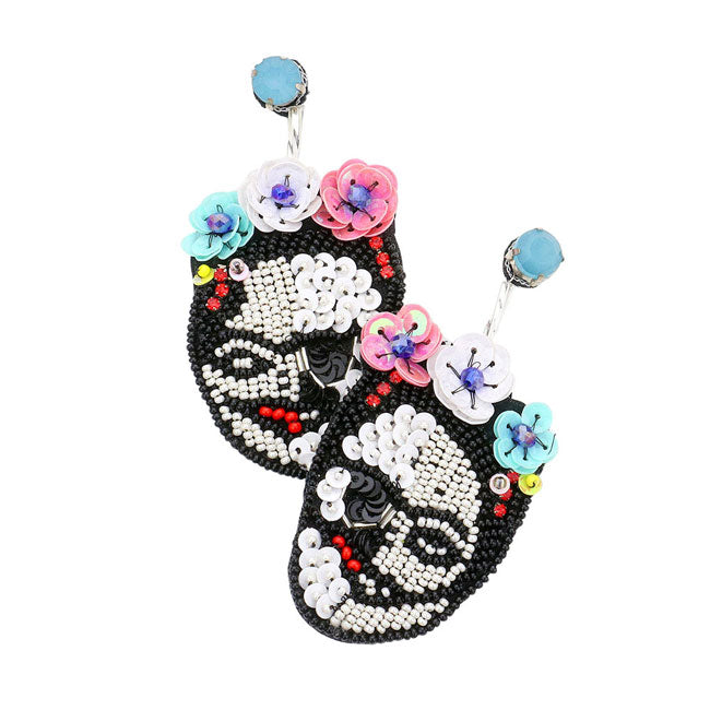 White Triple Flower Sequin Seed Beaded Skull Dangle Earrings. Get ready with these Halloween theme dangle earrings as part of your Halloween costume , or to dress up any outfit for the Halloween. The colors are vibrant and the design is a seasonal delight. This earrings can be worn for Halloween parties, cosplay, costume party, display, birthday, events, festivals, and so on, also nice for festive decorations gifts for your friend's and families.