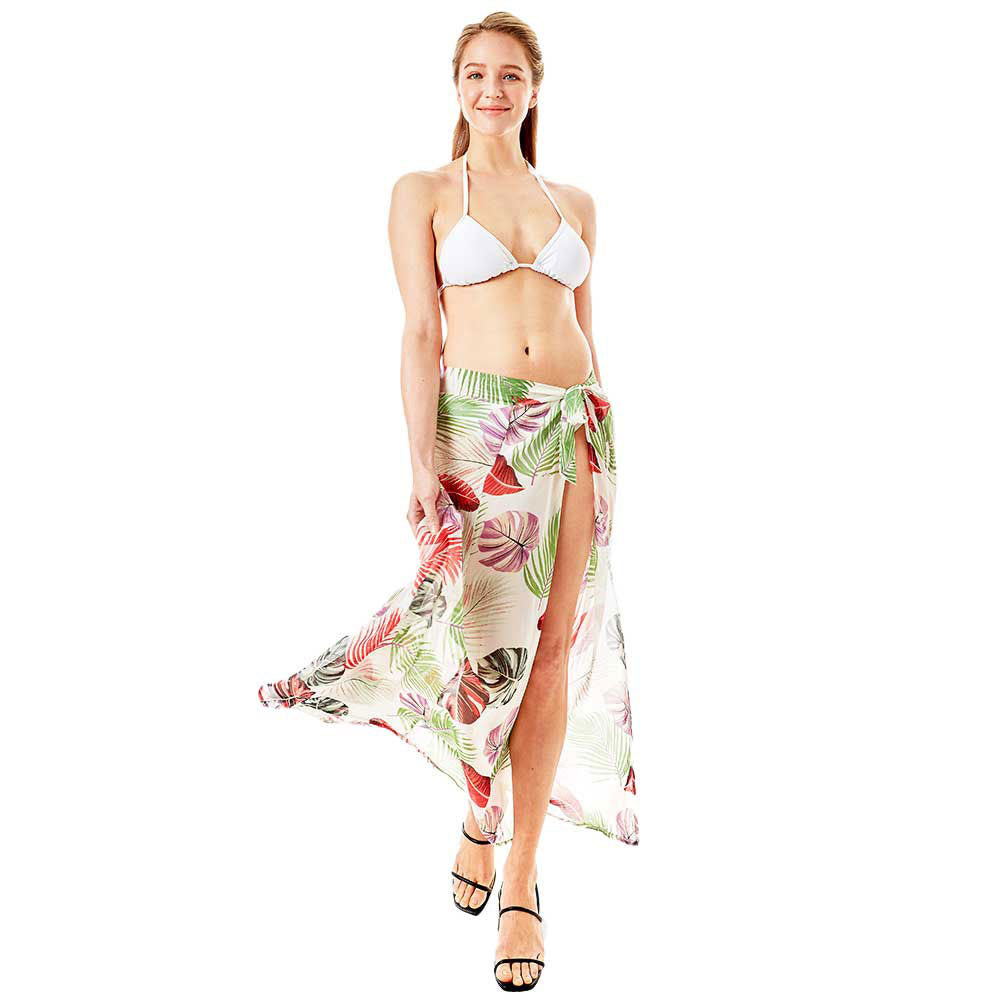 White Tropical Leaf Beach Wrap Skirt, 100% High quality polyester, breathable and comfortable, sexy and cool, very light and easy to pack and carry. Maxi length cut, side slit design, brightly color, make you more charm and attractive. Show your beautiful silhouette and sexy slinky figures. Suitable for Summer wrap skirt, travel vacation, boat cruises, beach costumes, pool party or simply hanging at home or wherever else your heart desires in Spring, Summer and Autumn.