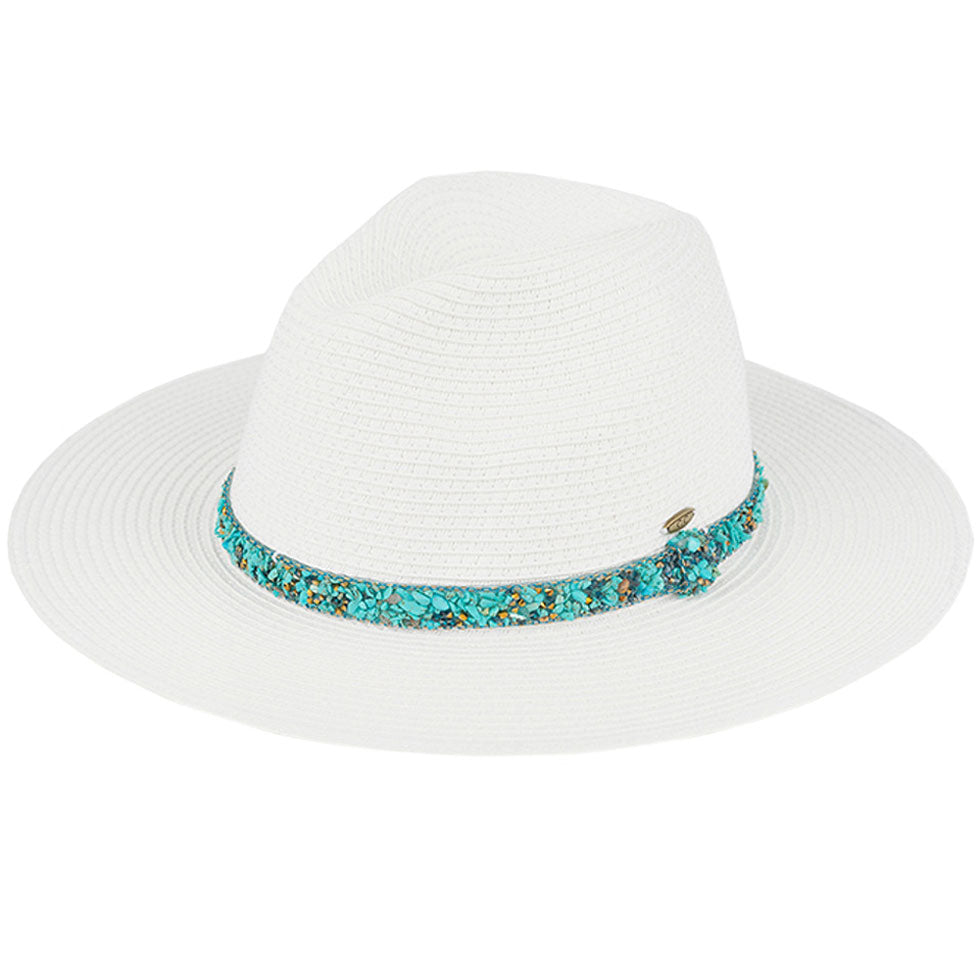 White Turquoise C.C Gem Stone Trim Band Straw Panama Sunhat, Keep your styles on even when relaxing at the pool or playing at the beach. Large, comfortable, and perfect for keeping the sun off your face, neck, and shoulders. Perfect summer, beach accessory. Ideal for travelers who are on vacation or just spending some time in the great outdoors. A great sunhat can keep you cool and comfortable even when the sun is high in the sky. 