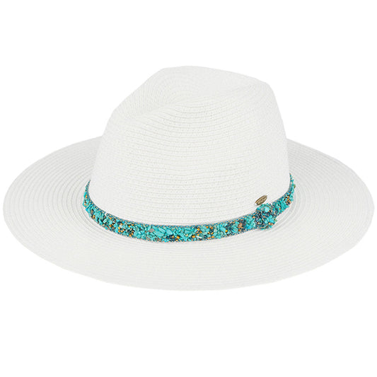 White Turquoise C.C Gem Stone Trim Band Straw Panama Sunhat, Keep your styles on even when relaxing at the pool or playing at the beach. Large, comfortable, and perfect for keeping the sun off your face, neck, and shoulders. Perfect summer, beach accessory. Ideal for travelers who are on vacation or just spending some time in the great outdoors. A great sunhat can keep you cool and comfortable even when the sun is high in the sky.