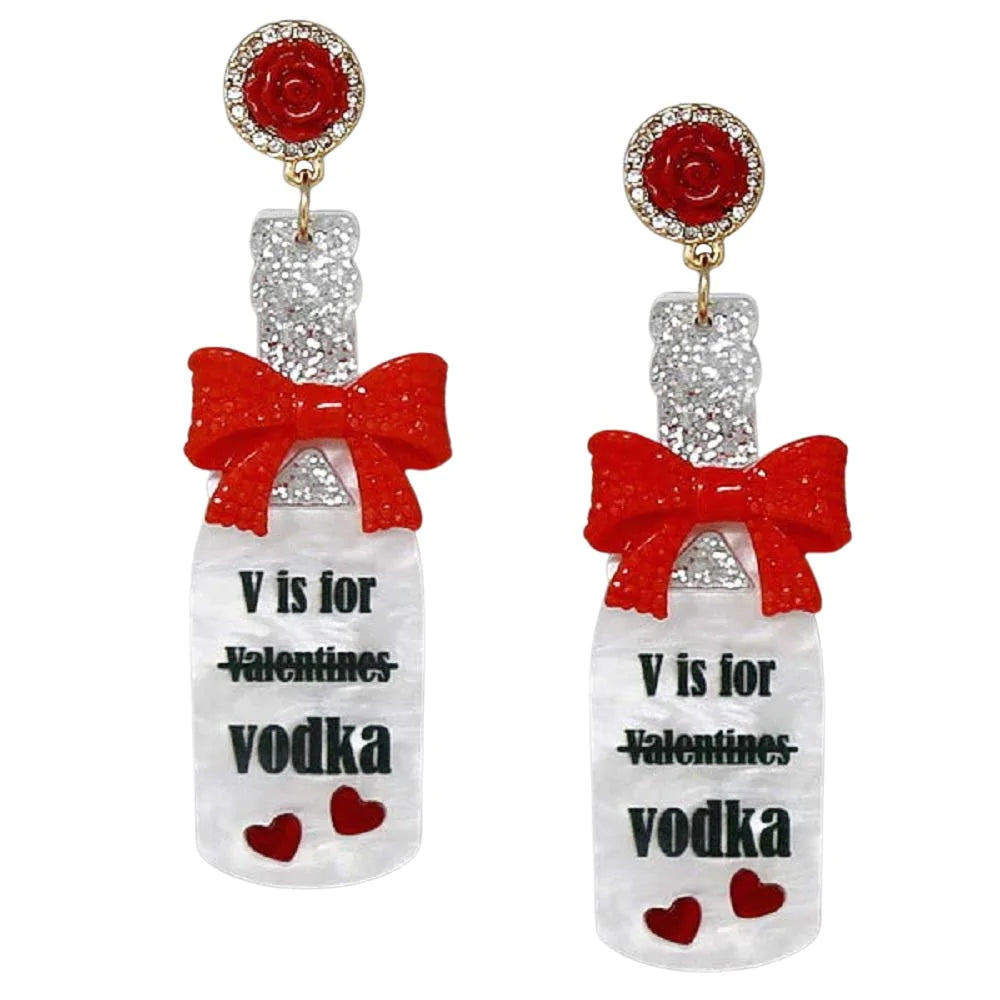 White V Is For Vodka Bottle Acetate Earrings, These acetate earrings will be the highlight of any outfit and add a touch of whimsy to your costume jewelry collection! Get into the valentine spirit with our gorgeous handcrafted vodka earrings. Bright designs with message-themed colors and patterns will be the perfect and trendy choice for your valentine's party costumes.