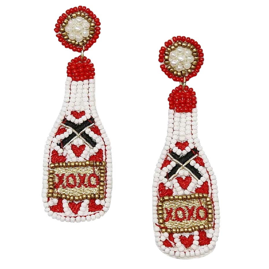White Valentine's XOXO Heart Bottle Seed Bead Earrings, these bottle earrings feature a cool, decidedly chic, and always fun, the beaded earrings combine a feminine heart and bottle silhouette with a palette crafted entirely of seed beads, fun handcrafted jewelry that fits your lifestyle, adding a pop of pretty color.