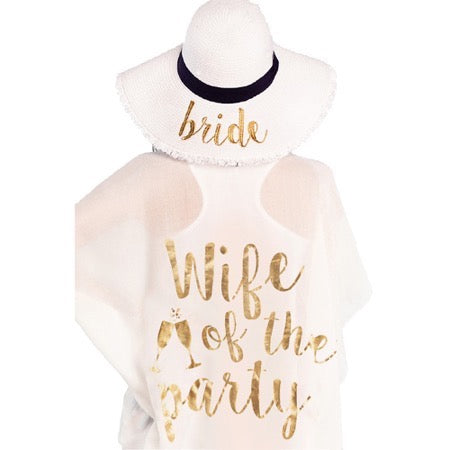 White C.C "Wife Of The Party" Beach Cover Up; Beach, Poolside chic made easy with this lightweight short sleeve Cover featuring relaxed silhouette, great over swimsuits or favorite blouse & slacks, Perfect Birthday Gift, Anniversary Gift, Bridal Party, Wedding, Bachelorette, Honeymoon, Celebration, Beach Cover Up, Beachwear