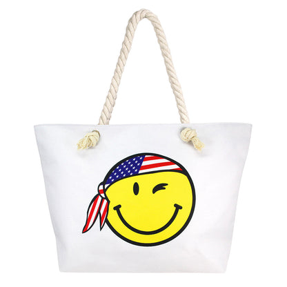 White Yellow Smile Face With USA Bandana Print Beach Tote Bag, Tote your beach-bound essentials in a patriotic style tote done with an smile face with USA bandana exterior. Show your love for Your country with this sweet patriotic smile face with USA bandana print tote bag. Whether you're shopping, heading to the pool, or the beach, this USA flag in smile face  Print tote bag is the perfect accessory.