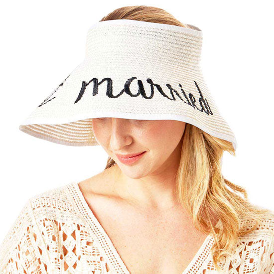 White Just Married Message Roll Up Foldable Visor Sun Hat, This visor hat with Just Married Message is Open top design offers great ventilation and heat dissipation. Features a roll-up function; incredibly convenient as it is foldable for easy storage or for taking on the go while traveling. Wonderful UV Protection Summer sun hat that is perfect for gardening, walking along the beach, hanging by the pool, or any other outdoor activities.