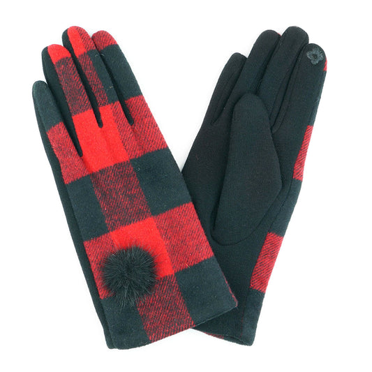 Buffalo Plaid Gloves Pom Pom War Buffalo Plaid Smart Touch Gloves, soft, plush & finished with a hint of stretch for comfort & flexibility, fashionable, trendy, attractive, cute looking in winter season, allows you to use your phones & electronic devices with ease. Perfect Gift for Her, Christmas, Birthday, Anniversary
