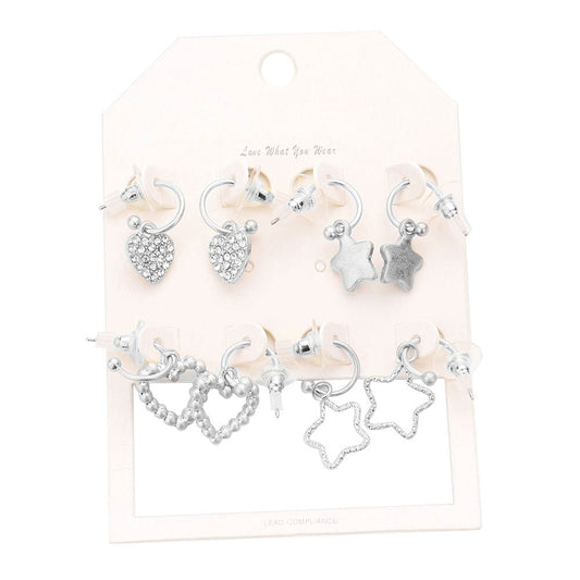 Worn Silver 4 Pairs Rhinestone Embellished Heart Star Dangle Earrings. Beautifully crafted design adds a gorgeous glow to any outfit. Jewelry that fits your lifestyle! Perfect Birthday Gift, Anniversary Gift, Mother's Day Gift, Graduation Gift, Prom Jewelry, Just Because Gift, Thank you Gift, Valentine's Day Gift.