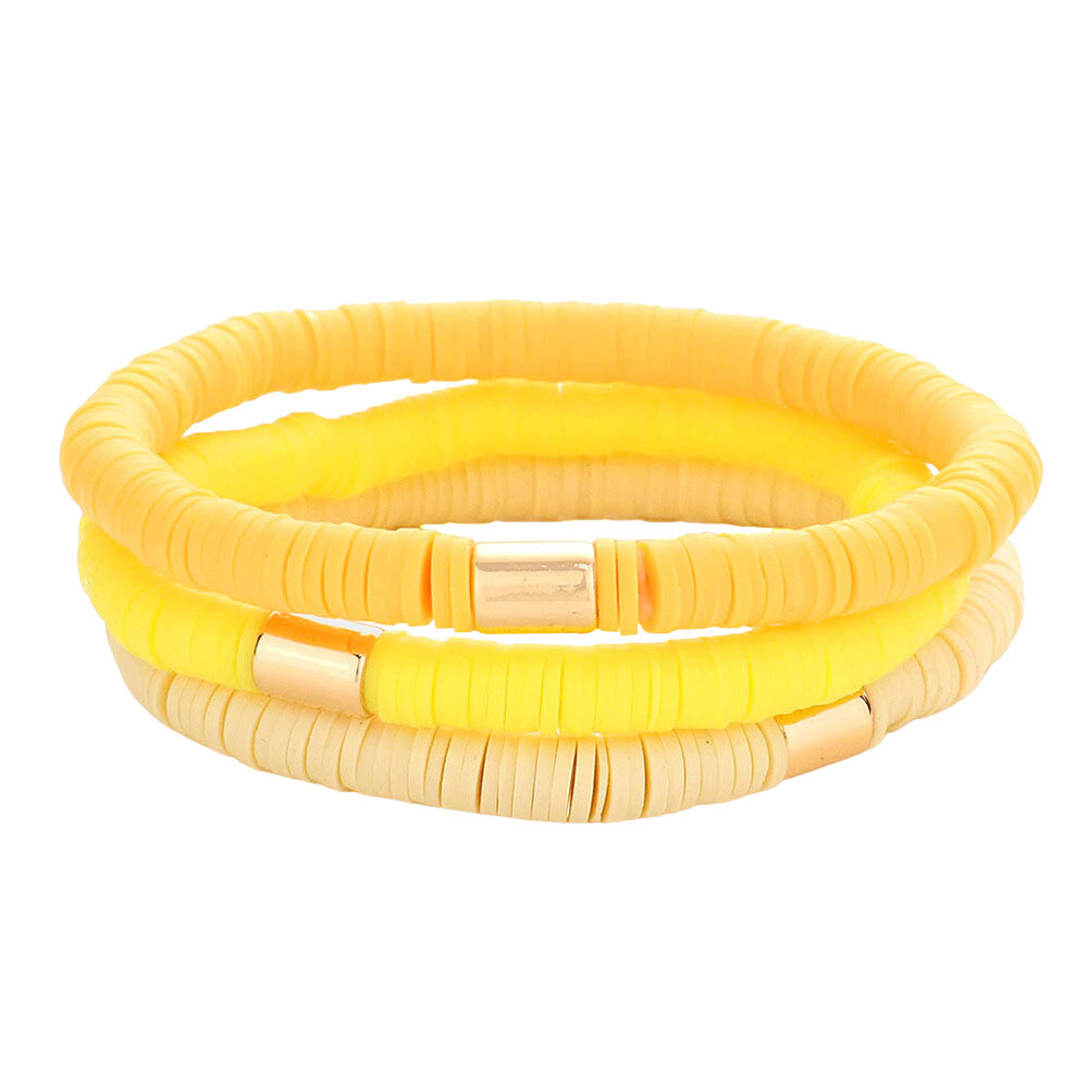Yellow 3PCS Metal Cylinder Heishi Beaded Stretch Bracelets, Add this 3-piece beaded Stretch bracelet to light up any outfit and feel absolutely flawless. Fabulous fashion and sleek style add a pop of pretty color to your attire. Perfect gifts for weddings, Prom, birthdays, anniversaries, Valentine‚Äö√Ñ√¥s Day, or any occasion.
