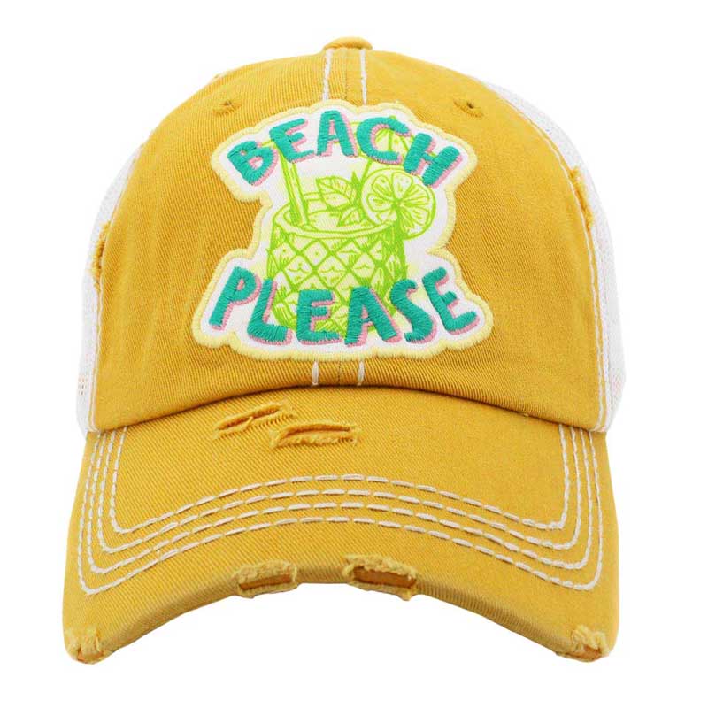 Yellow Beach Please Message Mesh Back Vintage Baseball Cap, it is an adorable baseball cap that has a vintage look, giving it that lovely appearance. Adjustable snapback closure tab with a mesh back and a pre-curved bill. Fun cool vintage cap perfect for those who love the sea. Perfect for walking in the sun or rain. No matter where you go on the beach or summer party it will keep you cool and comfortable.