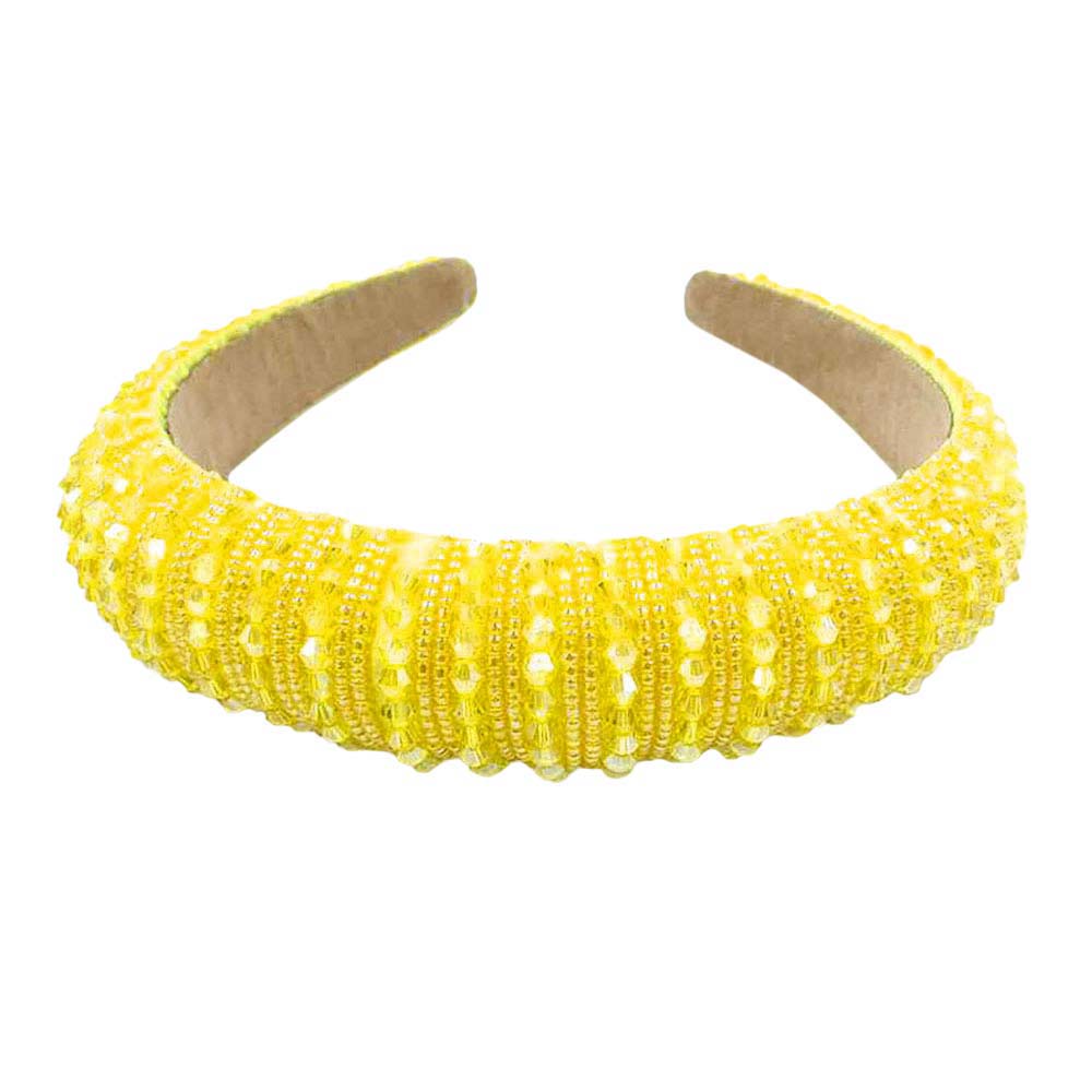 Yellow Bicone Beaded Padded Headband, sparkling placed on a wide padded headband making you feel extra glamorous especially when crafted from bicone beaded velvet. Push back your hair with this pretty plush headband, spice up any plain outfit! Be ready to receive compliments. Be the ultimate trendsetter wearing this chic headband with all your stylish outfits!