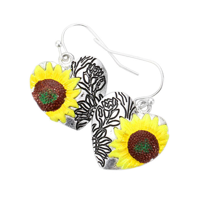 Yellow Colored Sunflower Embossed Metal Heart Dangle Earrings, put on a pop of color to complete your ensemble. Beautifully crafted design adds a gorgeous glow to any outfit Perfect for adding just the right amount of shimmer & shine . Perfect Birthday Gift, Anniversary Gift, Mother's Day Gift, Graduation Gift.