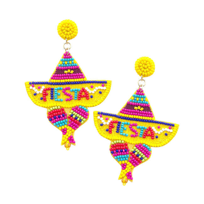 Yellow Felt Back Fiestas Beaded Hat Message Dangle Earrings. Look like the ultimate fashionista with these Earrings! Hat message dangle earring add extra special to your outfit this!  Enhance your attire with this vibrant handcrafted beautiful earrings to dress up or down your look. Perfect gift idea for Birthday, Anniversary, Prom Jewelry, Thank you Gift or any special occasion.