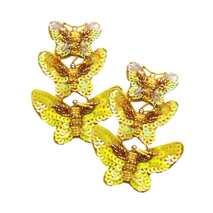 Yellow Felt Back Sequin Triple Butterfly Link Dangle Earrings, These adorable sequin details butterfly link dangle earrings are bound to cause a smile. You will absolutely love these butterfly dangle earrings! They are exactly what you were looking for; This jewelry is just the right accessory to finish off any outfit. Whether for dating, parties, weddings, and daily wear, it naturally goes with any outfit
