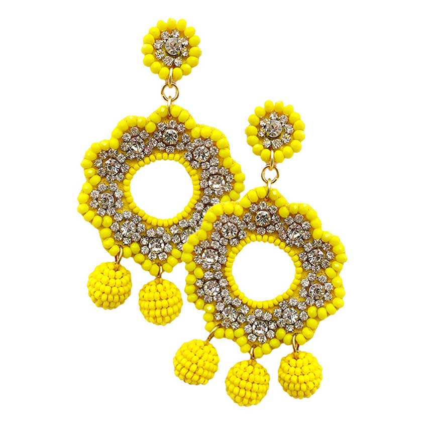 Yellow Felt Back Stone Embellished Beaded Ball Link Dangle Earring, versatile enough for wearing straight through the week, perfectly lightweight for all-day wear, coordinate with any ensemble from business casual to everyday wear, the perfect addition to every outfit. Adds a touch of nature-inspired beauty to your look. Wear this earring to a wedding, an engagement, a prom, or any other occasion where you wish to appear more charming.