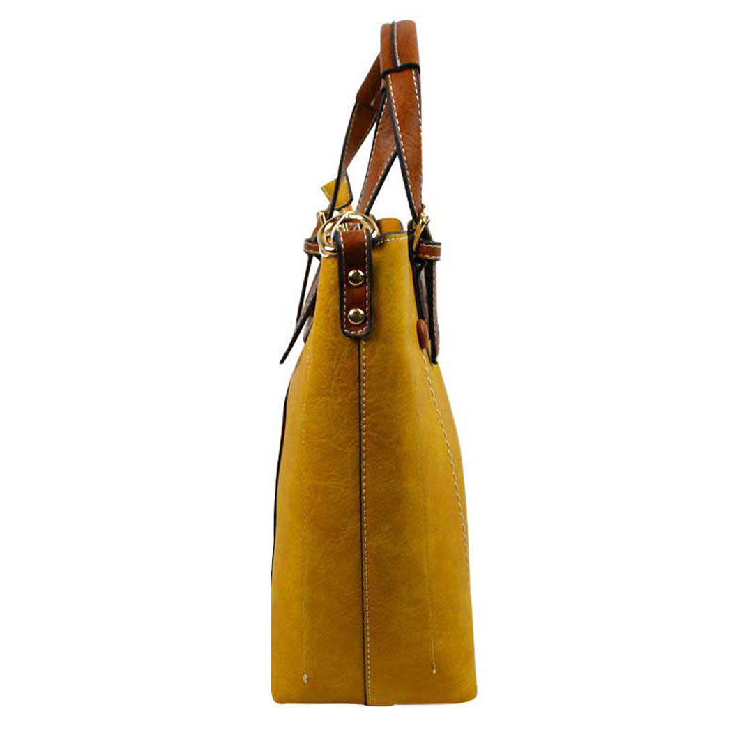 Yellow Genuine Leather Tote Shoulder Handbags For Women. Ideal for everyday occasions such as work, school, shopping, etc. Made of high quality leather material that's light weight and comfortable to carry. Spacious main compartment with magnetic snap closure to safely store a variety of personal items such as wallet, tablet, phone, books, and other essentials. One interior open pocket for small accessories within hand's reach.