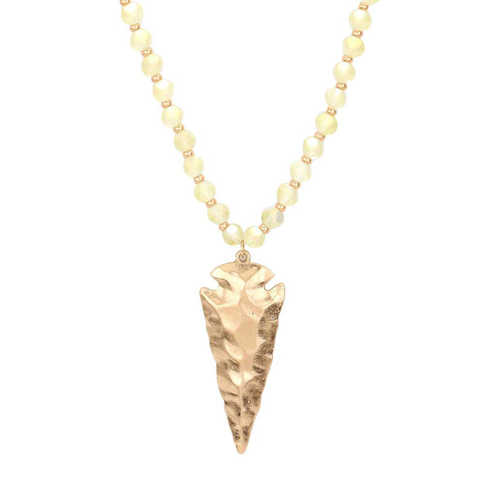 Yellow Hammered Metal Arrow Pendant Faceted Beads Long Necklace, The arrowhead pendant design is trendy and chic, cool and special, goes well with other accessories, make you more charming and edgy among the crowds.  This faceted beads necklace pendant is suitable for any occasion, Perfect Birthday Gift, Anniversary Gift, Mother's Day Gift. 