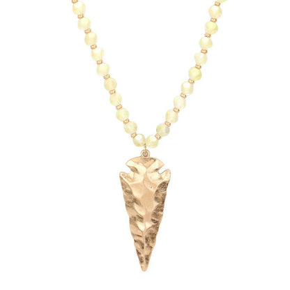 Yellow Hammered Metal Arrow Pendant Faceted Beads Long Necklace, The arrowhead pendant design is trendy and chic, cool and special, goes well with other accessories, make you more charming and edgy among the crowds.  This faceted beads necklace pendant is suitable for any occasion, Perfect Birthday Gift, Anniversary Gift, Mother's Day Gift. 