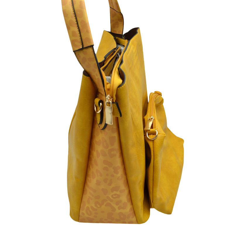 Yellow Leopard Detail D Ring 2-in-1 Shoulder Vegan Leather Hand Bag, This handbag features a top zipper closure. Add a relaxed and trendy style to your look with this go-to Shoulder bag for women. This spacious handbag features a roomy interior to hold all your essentials. It has an extra purse that you can use to carry with handbag or itself. Perfect for the Trips, Vacation, Travel, School, Shopping or any other kind of Leisure Activities.