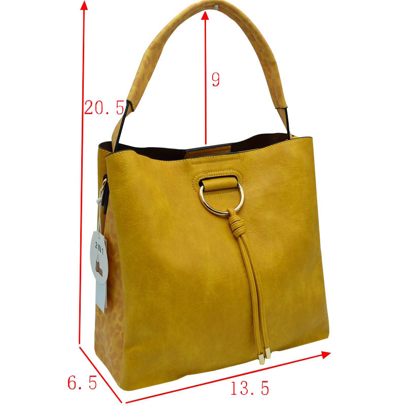 Yellow Leopard Detail D Ring 2-in-1 Shoulder Vegan Leather Hand Bag, This handbag features a top zipper closure. Add a relaxed and trendy style to your look with this go-to Shoulder bag for women. This spacious handbag features a roomy interior to hold all your essentials. It has an extra purse that you can use to carry with handbag or itself. Perfect for the Trips, Vacation, Travel, School, Shopping or any other kind of Leisure Activities.