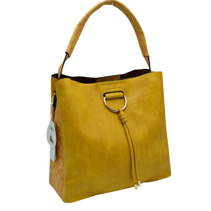 Yellow Leopard Detail D Ring 2-in-1 Shoulder Vegan Leather Hand Bag, This handbag features a top zipper closure. Add a relaxed and trendy style to your look with this go-to Shoulder bag for women. This spacious handbag features a roomy interior to hold all your essentials. It has an extra purse that you can use to carry with handbag or itself. Perfect for the Trips, Vacation, Travel, School, Shopping or any other kind of Leisure Activities.