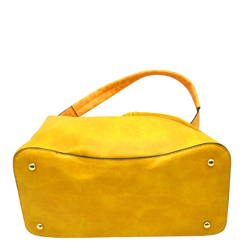 Yellow Leopard Detail D Ring 2-in-1 Shoulder Vegan Leather Hand Bag, This handbag features a top zipper closure. Add a relaxed and trendy style to your look with this go-to Shoulder bag for women. This spacious handbag features a roomy interior to hold all your essentials. It has an extra purse that you can use to carry with handbag or itself. Perfect for the Trips, Vacation, Travel, School, Shopping or any other kind of Leisure Activities.