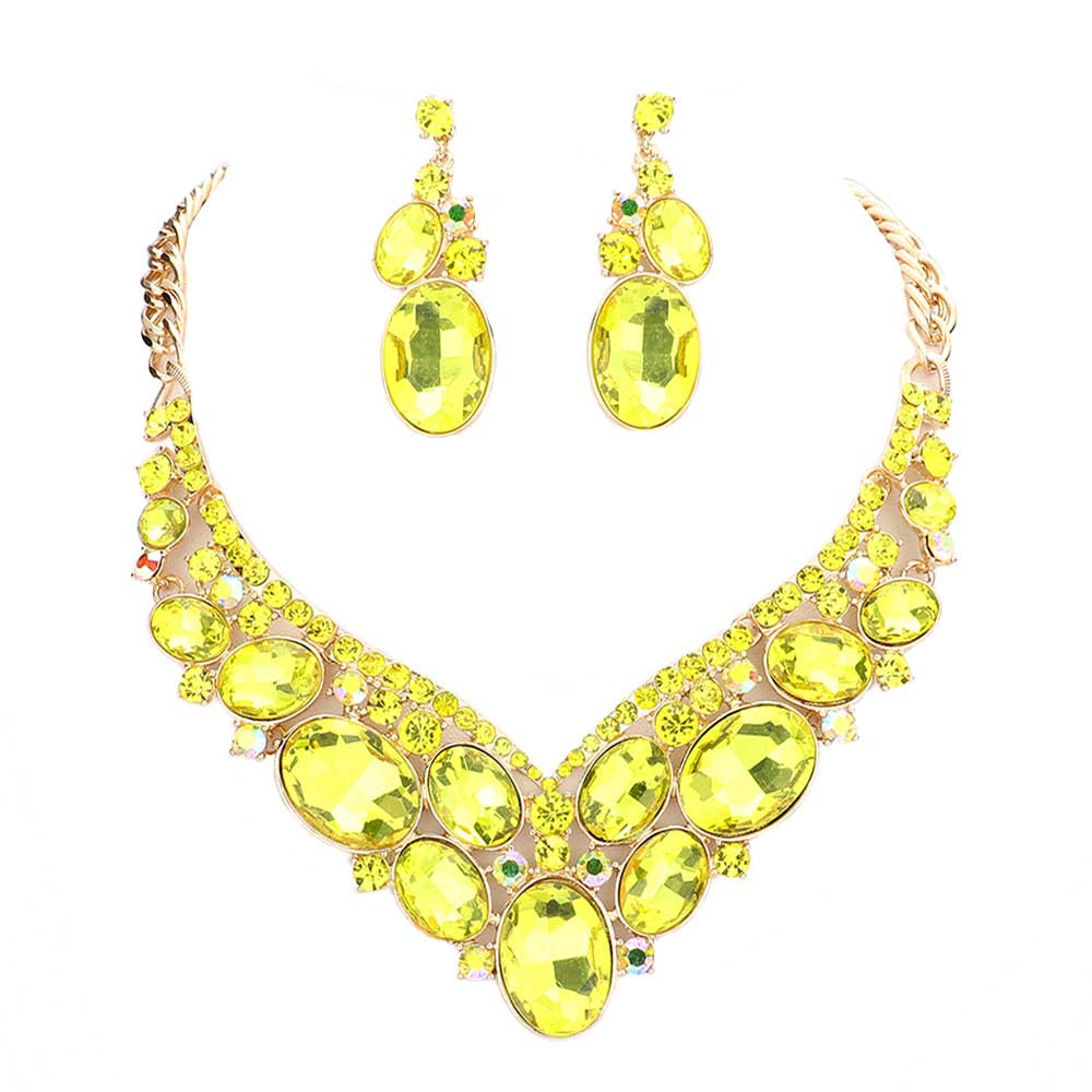 Yellow Oval Glass Crystal Evening Necklace, Glass Statement Crystal stunning jewelry set will sparkle all night long making you shine out like a diamond. make a stylish addition to your fashion necklace and jewelry collection. put on a pop of color to complete your ensemble. perfect for a night out on the town or a black tie party, Perfect Gift, Birthday, Anniversary, Prom, Mother's Day Gift, Wedding, Bridesmaid etc.