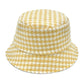 Yellow Polyester Houndstooth Patterned Bucket Hat, this bucket hat doubles as a rain hat and is snug on the head and stays on well. It will work well to keep the rain off the head and out of the eyes and also the back of the neck. Wear it to lend a modern liveliness above a raincoat on trans-seasonal days in the city.