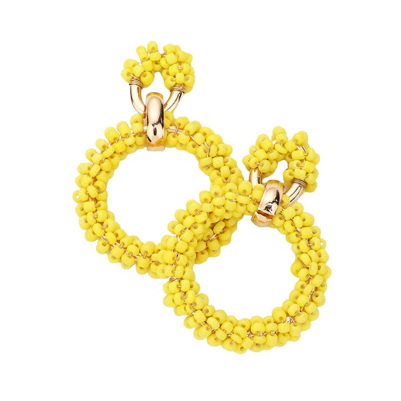 Yellow Seed Beaded Open Circle Dangle Earrings, Open Circle Design Statement Dangle Earrings, jewelry that fits your lifestyle, adding a pop of pretty color. Enhance your attire with this vibrant handcrafted beautiful modish statement jewelry! perfectly lightweight for all-day wear, coordinate with any ensemble from business casual to everyday wear, the perfect addition to any outfit.