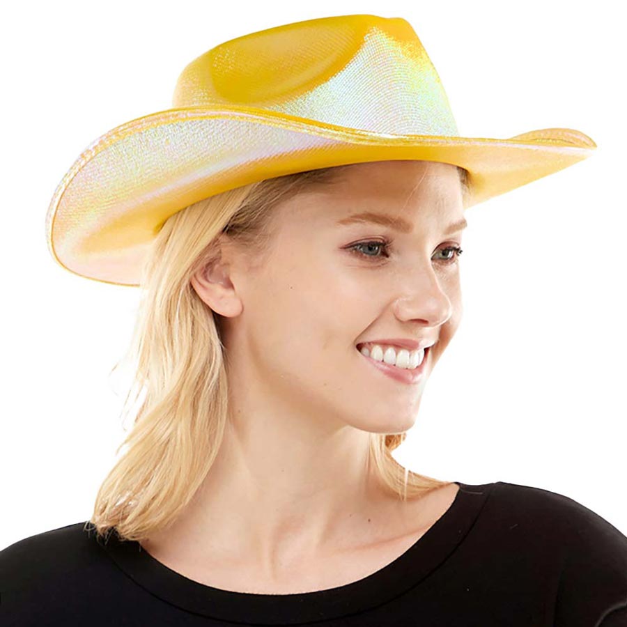 Yellow Shimmery Cowboy Hat, Whether you‚Äö√Ñ√¥re lounging by the pool or attend at any event. This is a great hat that can keep you stay cool and comfortable in a party mood. Gift for that fashionable on-trend friend. Perfect Gift Cool Fashion Cowboy, Birthday, Holiday, Valentine's Day, Christmas.