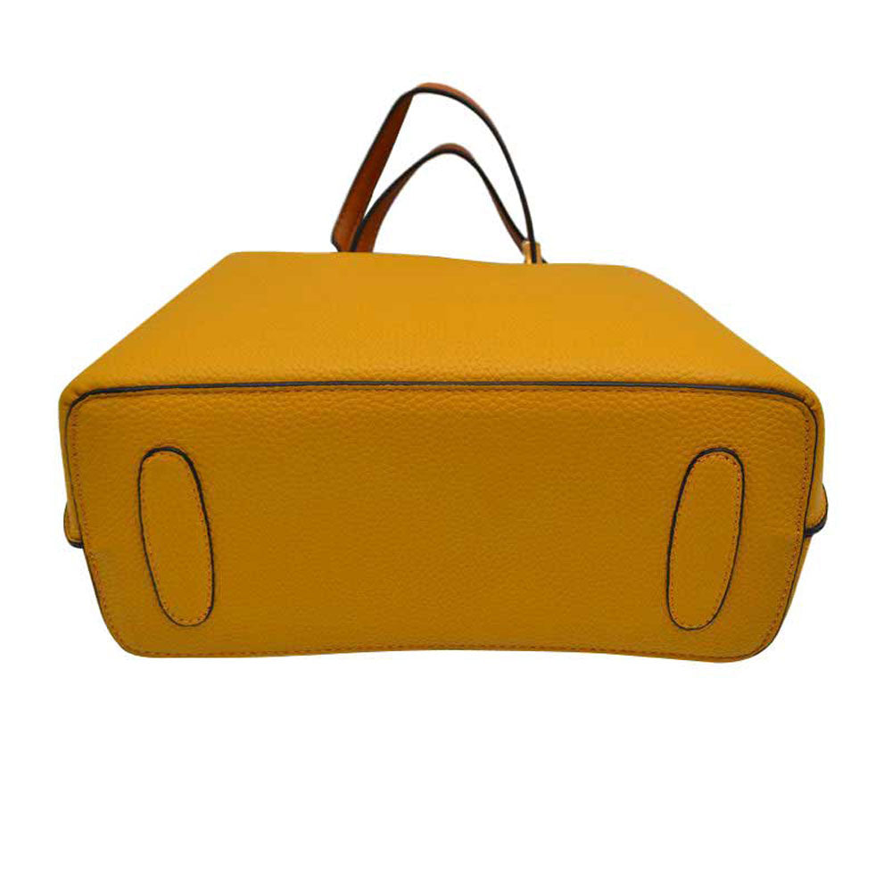 Yellow Simpler Times Bucket Crossbody Bags For Women. A great everyday casual shoulder bag composed of Faux leather. A simple design with subtle gold hardware details on the closure. Magnetic snap closure for an inner zipper pouch opening spacious to hold your phone, wallet, and other essentials securely.