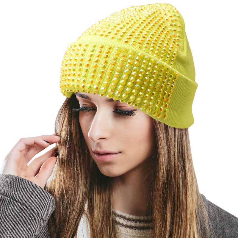 Yellow Single Sided Studded Knit Beanie Hat, The beanie hat is made of soft, gentle, skin-friendly, and elastic fabric, which is very comfortable to wear. This Single Sided design is embellished with a shimmering Studded for the ultimate glam look! It provides warmth to your head and ears, protects you from the wind, chill & cold weather, and becomes your ideal companion in autumn and winter. Suitable for wearing for a variety of outdoor activities.