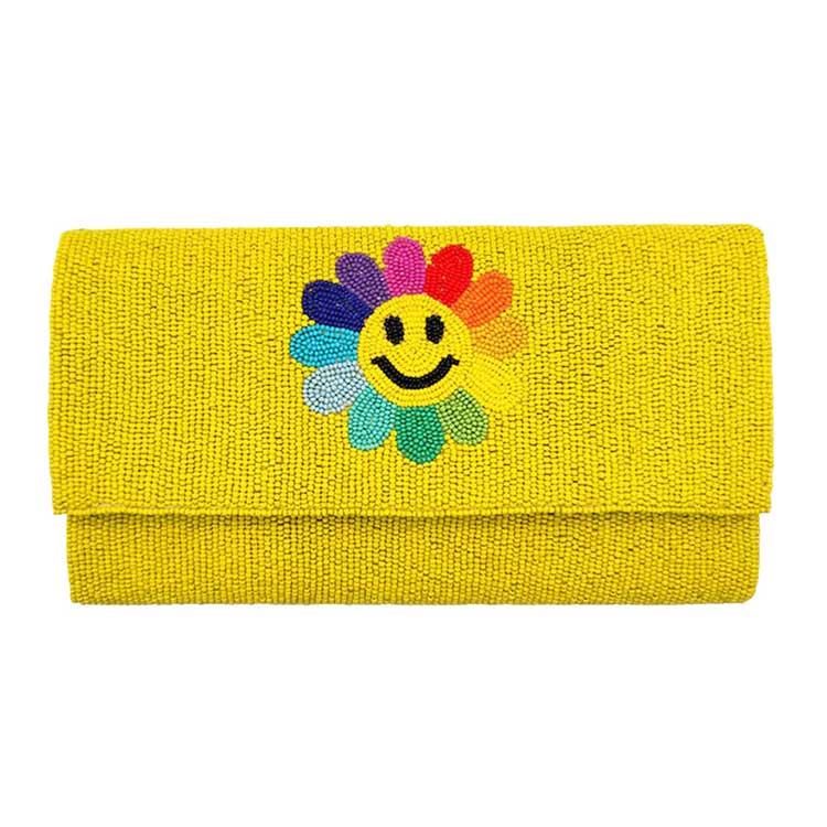 Yellow Smile Flower Accented Seed Beaded Clutch Crossbody Bag, Look like the ultimate fashionista when carrying this small Clutch bag, great for when you need something small to carry or drop in your bag. Keep your keys handy & ready for opening doors as soon as you arrive. Perfect Birthday Gift, Anniversary Gift, Mother's Day Gift or any other events. This clutch bag is great for weekend outings, various parties, and so on.