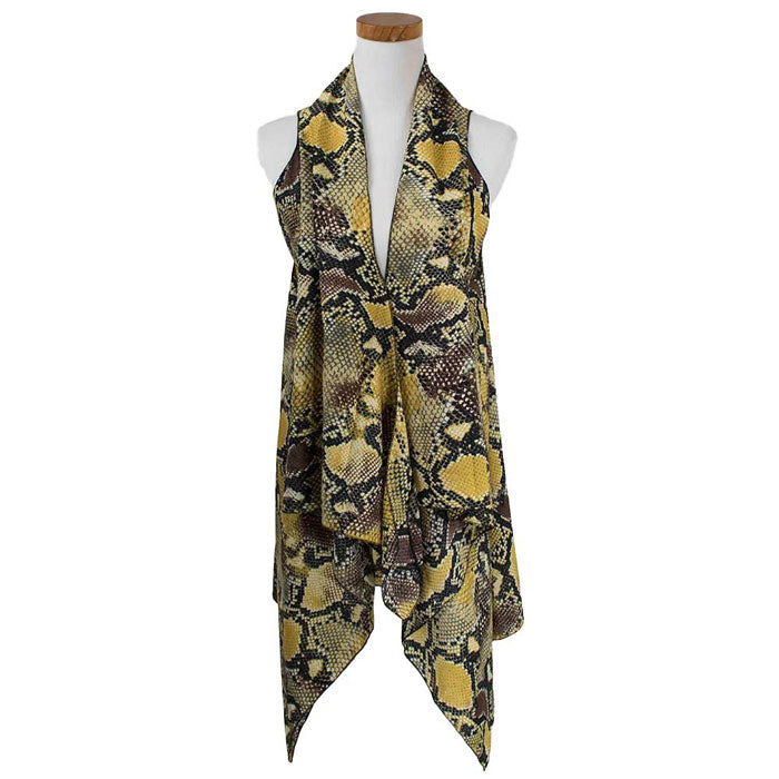 Yellow Snake Skin Pattern Scarf Vest Poncho, on trend & fabulous, a luxe addition to any cold-weather ensemble. The perfect accessory, luxurious, trendy, super soft chic capelet, keeps you warm and toasty. You can throw it on over so many pieces elevating any casual outfit! Perfect Gift for Wife, Mom, Birthday, Holiday, Anniversary, Fun Night Out.