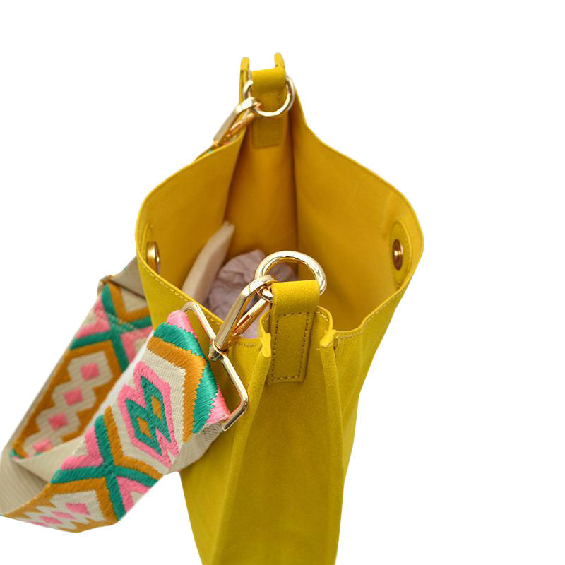 Yellow Suede Leather Messenger Crossbody Shoulder Bag With Guitar, This crossbody bag is versatile, functional, and beautiful featuring interchangeable fun leopard straps. Sturdy and durable material. This stunning bag features a spacious interior for all your must-have essentials items on the go. You can use it as a everyday bag, school bag, Notebook bag, messenger bag or can be taken anywhere.