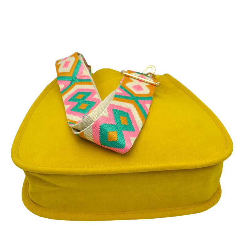Yellow Suede Leather Messenger Crossbody Shoulder Bag With Guitar, This crossbody bag is versatile, functional, and beautiful featuring interchangeable fun leopard straps. Sturdy and durable material. This stunning bag features a spacious interior for all your must-have essentials items on the go. You can use it as a everyday bag, school bag, Notebook bag, messenger bag or can be taken anywhere.