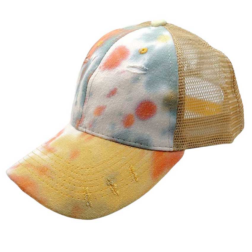 Yellow Tie Dye Mesh Back Vintage Baseball Cap. This adorable and classic vintage baseball cap combines both colorful styles to turn your head and comfort for your all-day wear. perfect to keep your hair away from you face while exercising, running, playing tennis or just taking a walk outside. Adjustable Velcro strap gives you the perfect fit.