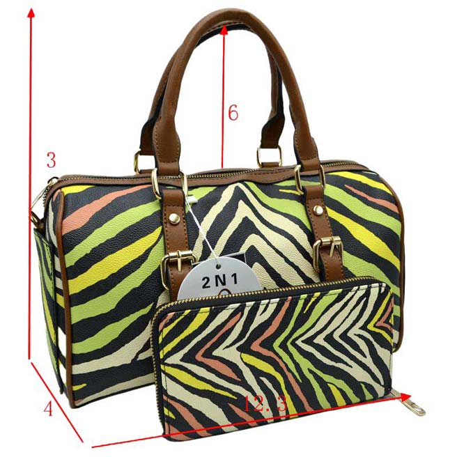 Yellow Trendy 2 In 1 Zebra Print Dome Satchel Bag Set, is beautifully designed with different colored zebra print that fits any outfit and enriches your look in a stylish way. The big compartment of the bag is more than enough for carrying your daily essentials comfortably. These faux leather bags come with a matching zipper wallet to keep keys, money, makeup, etc, handy things.