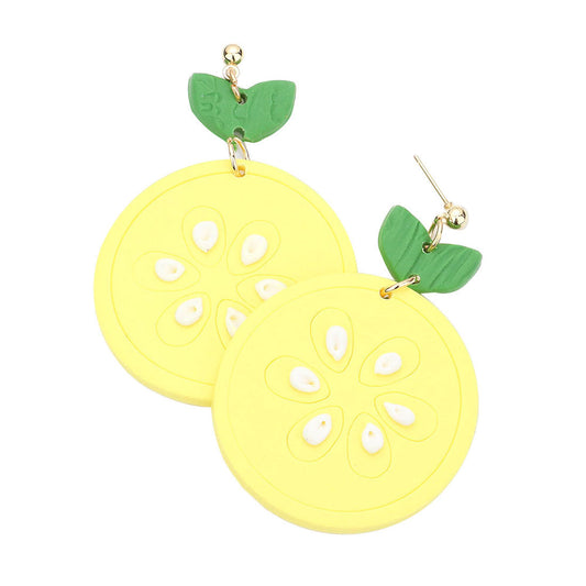 Yellow Trendy Lemon Polymer Clay Dangle Earrings, fun handcrafted jewelry that fits your lifestyle. This Dangle earring is simple and cute, easy to match any hairstyles and clothes.  Great choice to treat yourself and This fruits themed earrings is perfect for Holiday gift, Anniversary gift, Birthday gift, Valentine's Day gift for a woman or girl of any age.
