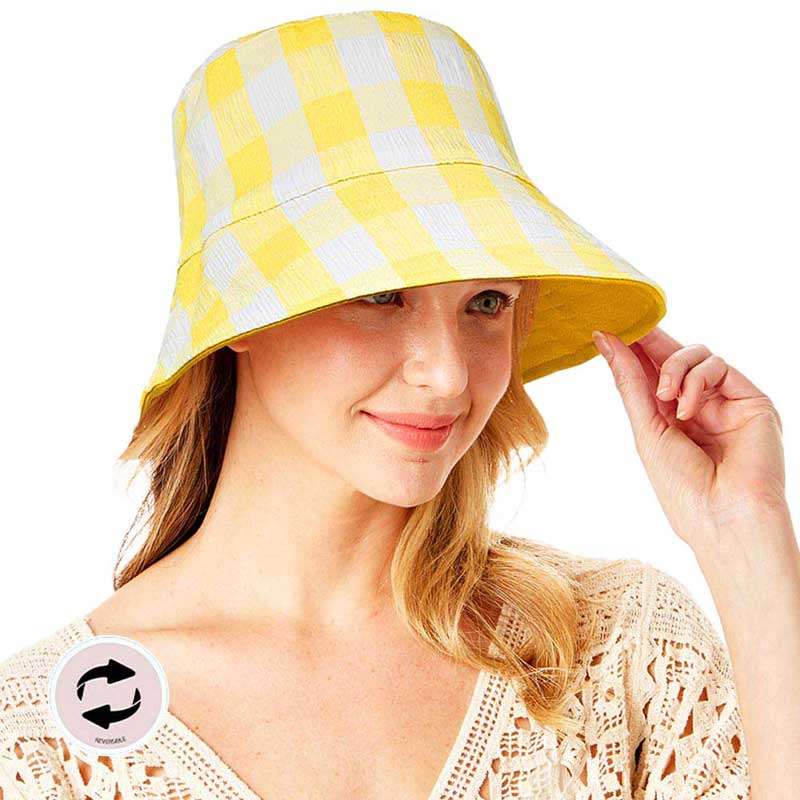 Yellow Wired Brim Plaid Check Patterned Reversible Bucket Hat, show your trendy side with this Plaid Check Patterned bucket hat. Have fun and look Stylish. You can easily fold this bucket hat and put it in any backpack. Perfect for that bad hair day, or simply casual everyday wear; Great gift for that fashionable on-trend friend. Perfect Gift Birthday, Holiday, Christmas.