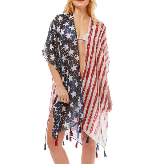 Red, White, Blue American Flag Printed Tassel Kimono Vest Cover Up is made easy, relaxed silhouette, perfectly breezy & laid-back, an accessory easy to pair with many tops, elevates any casual outfit! Giftable, Independence Day, 4th of July, Memorial Day, Flag Day, Labor Day, Election Day, Veterans Day, President Day