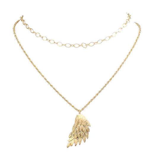 Worn Metal Angel Wing Pendant Accented Necklace Angel Wing Necklace, beautifully crafted angel wings symbolize purity, courage, harmony, and protection. They provide us with happiness, hope, and faith. They are a guardian of the heart and soul. Wear this necklace, knowing that you are loved and appreciated for all that you do or gift it to a loved one to show how important they are to you. 