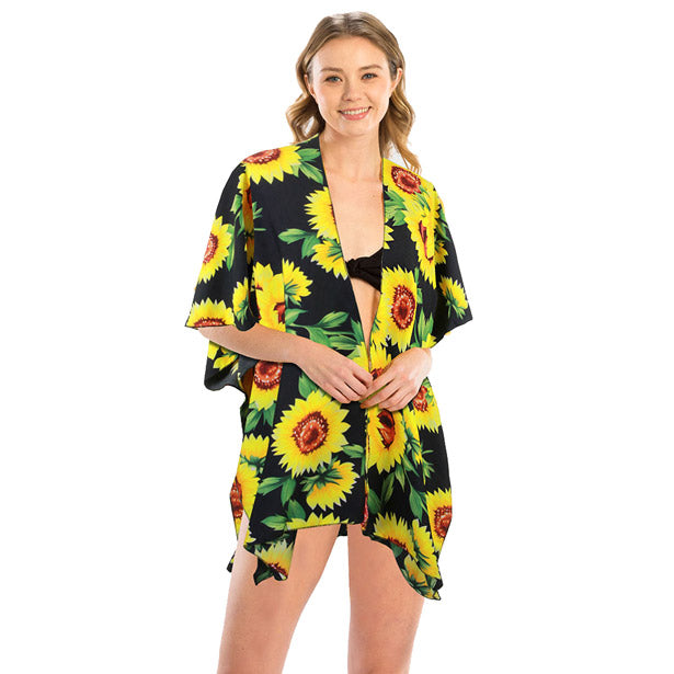 Black Sunflower Kimono, Vacation Ready Kimono, Beach Ready Cover Up, Sunflower Print Kimono, open front  Kimono, Wear over your favorite blouse & slacks Perfect Birthday Gift, Valentine's Day Gift, Anniversary Gift, Mother's Day Gift, Lightweight Kimono, Sunflower Cover-up, Fun Beachwear, Floral Print Kimono, Floral Cover Up