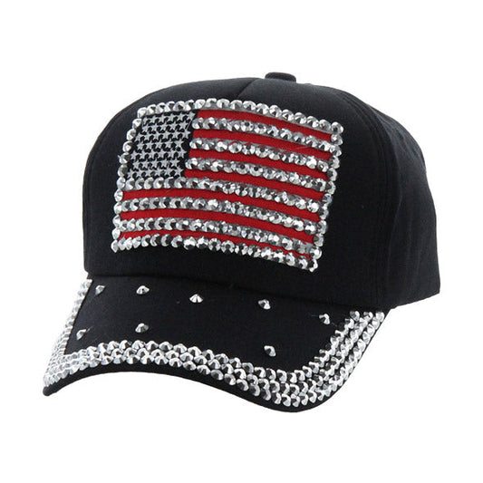 Black Americana Blinged Stud Distressed Flag Baseball Cap Show your patriotic side with this cute distressed denim blue baseball cap featuring an embroidered USA on the front highlighted with large clear rhinestones. The brim is also outlined with clear rhinestones for that extra sparkle! Perfect for protecting you from the sun or rain, enjoying the day out. Red, White, Blue