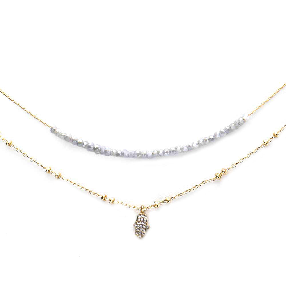 Layered Chain CZ Hamsa Hand Pendant on Metal Chain, second row Gray stones on chain necklace. CZ Hamsa Pendant necklace, Hamsa Hand brings its owner happiness, luck, health & good fortune, wearing this can bring you good luck! the Cubic Zirconia Crystals shine and add a shimmer to your attire. Perfect Birthday Gift, Anniversary Gift, Mother's Day Gift, Graduation Gift, Just Because Gift, Bridesmaid Keepsake