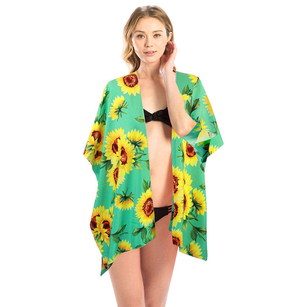 Mint Sunflower Kimono, Vacation Ready Kimono, Beach Ready Cover Up, Sunflower Print Kimono, open front  Kimono, Wear over your favorite blouse & slacks Perfect Birthday Gift, Valentine's Day Gift, Anniversary Gift, Mother's Day Gift, Lightweight Kimono, Sunflower Cover-up, Fun Beachwear, Floral Print Kimono, Floral Cover Up