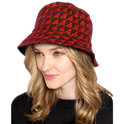 Red Polyester Geometric Patterned Bucket Hat, this bucket hat doubles as a rain hat and is snug on the head and stays on well. It will work well to keep the rain off the head and out of the eyes and also the back of the neck. Wear it to lend a modern liveliness above a raincoat on trans-seasonal days in the city.
