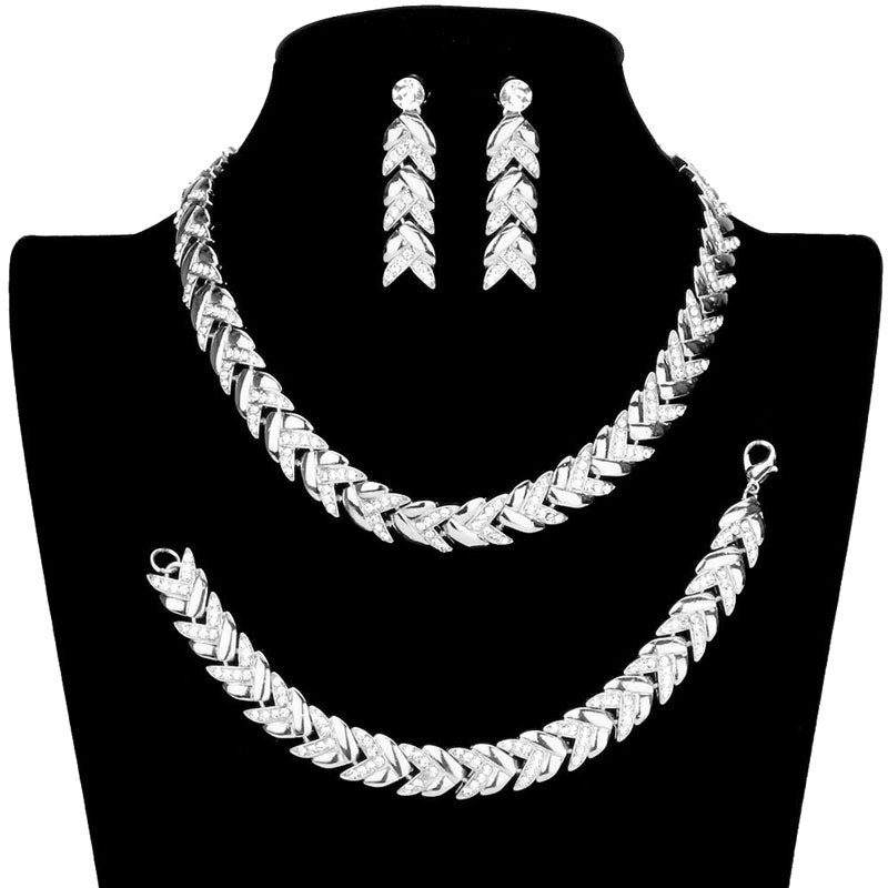 Silver Rhinestone Embellished Chevron Link Necklace Jewelry Set, Beautifully crafted design adds a gorgeous glow to any outfit. Get ready Necklace with a bright Bracelet. Perfect for adding just the right amount of shimmer & shine and a touch of class to special events. Perfect Birthday Gift, Anniversary Gift, etc.